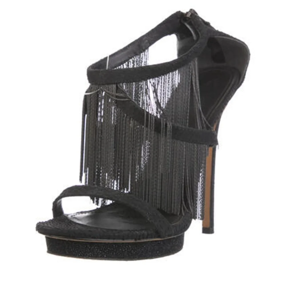 Brian Atwood Black Fringe Stilletto Heels Sandals Size 10 - Picture 2 of 5